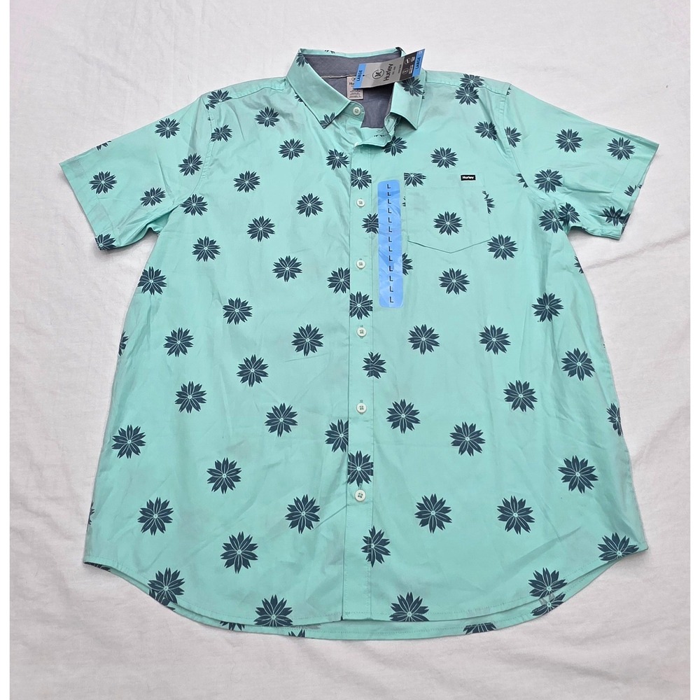Hurley Patio Shirt Mens Large Mint‎ Green Floral Star Button Down Stretch New